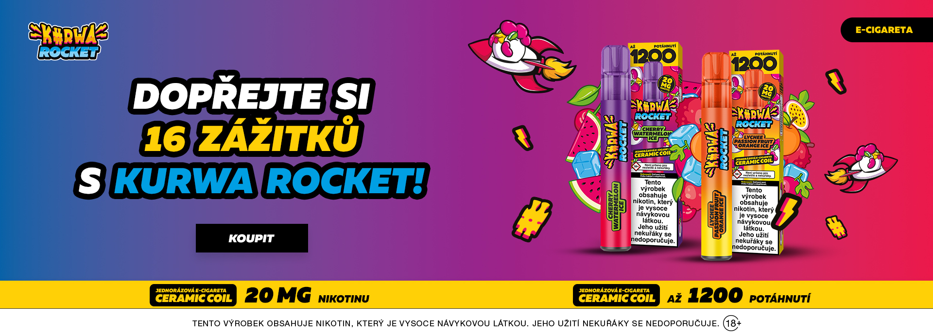 Jednorázové e-cigarety Kurwa Rocket na 1200 potáhnutí